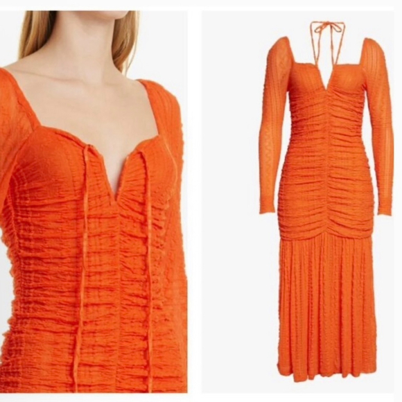 Ganni Orange Ruched stretch-cloqué midi dress size 36 US 4 $475 - Picture 4 of 16